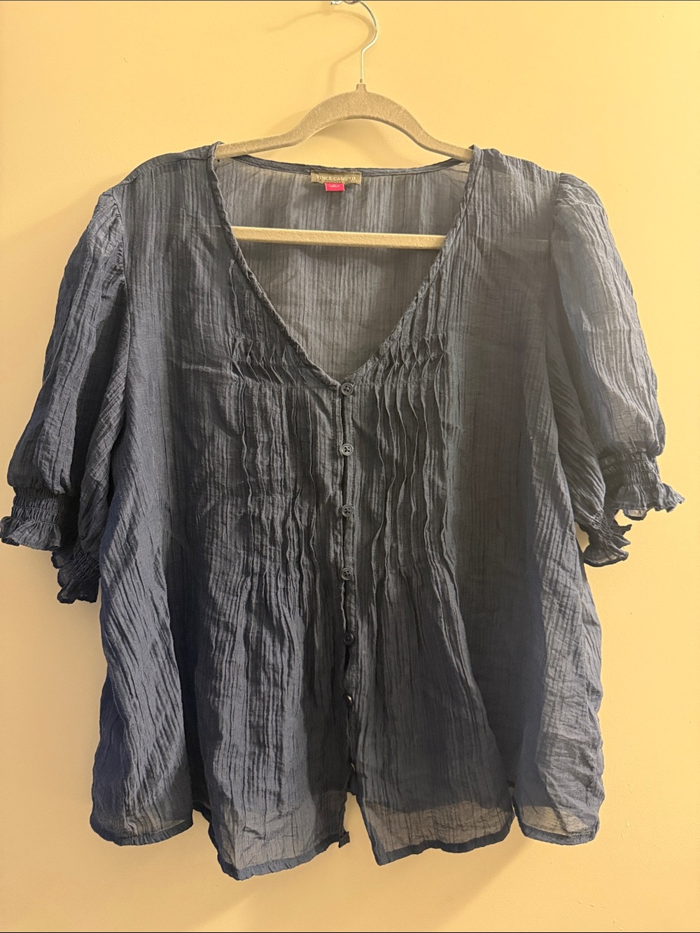 Vince Camuto Navy Crinkle Button-Front Blouse
